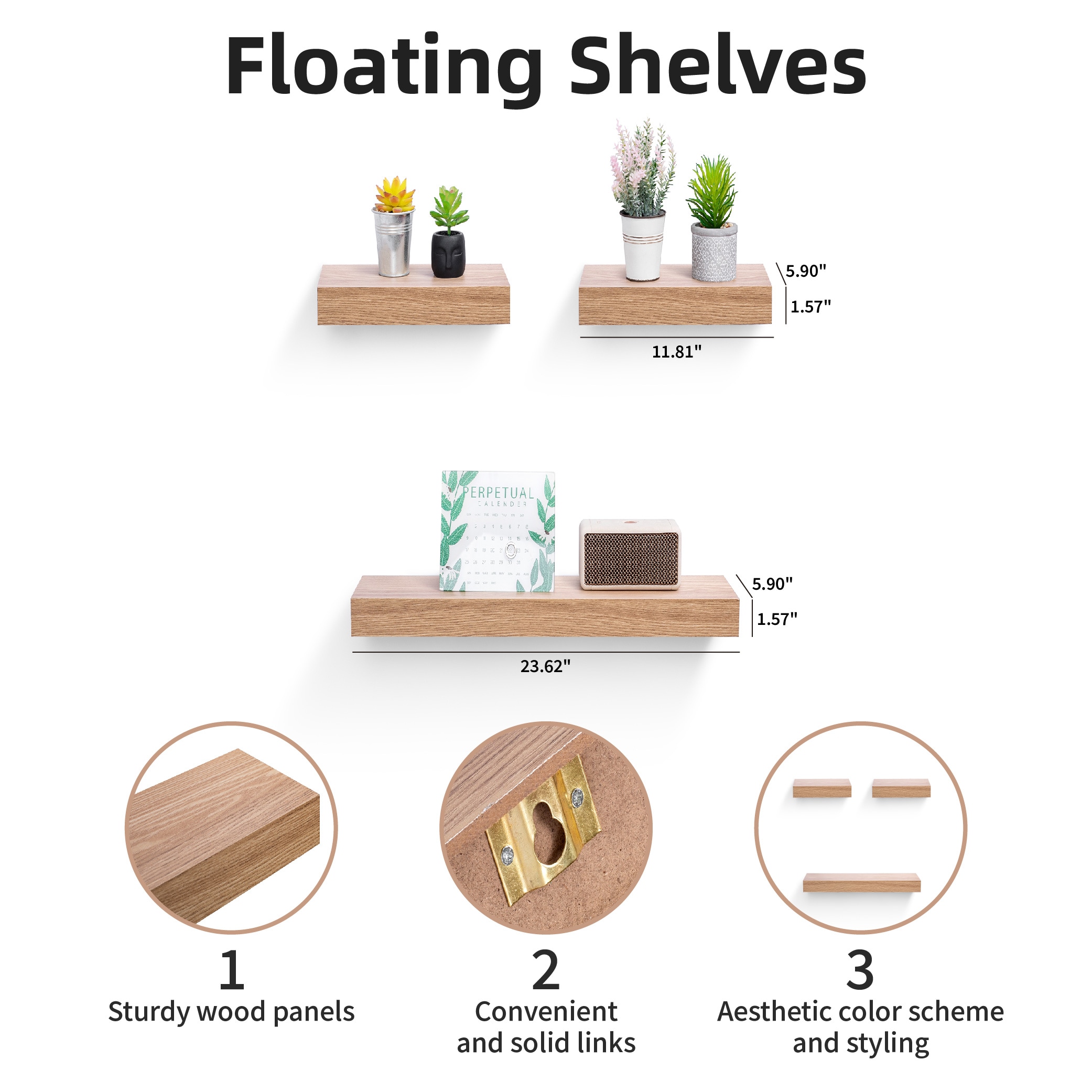 Floating Shelves 23.62" Wall Mounted Wood Shelves For Bathroom, Bedroom, Living Room, Kitchen, Hanging Shelf For Books/Storage/Decor With Invisible Brackets, Maple_maomaolike.com